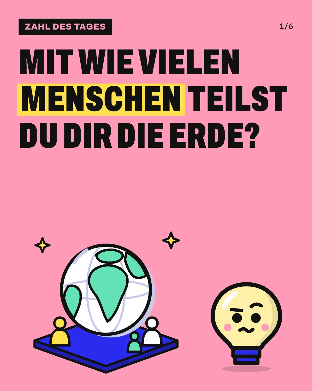Slide 1: Mit wie vielen Menschen teilst du dir die Erde? Auf einer blauen Fläche steht eine weiße Erdkugel mit Gradnetz und mintfarbenen Kontinenten, davor stehen 3 Menschen in Gelb, Weiß und Mint, darüber funkeln 2 gelbe Sterne, und daneben steht Kopfi, die Glühbirne.