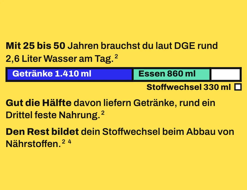 Die Grafik zeigt einen maßstabsgetreuen Balken für die Gesamtwasserzufuhr von 2.600 ml am Tag, die die DGE für Erwachsene von 25 bis 50 Jahren nennt. Getränke liefern 1.410 ml (Blau), feste Nahrung 860 ml (Mint) und der Stoffwechsel als Oxidationswasser 330 ml (Weiß). Die EFSA nennt als Gesamtzufuhr aus Getränken und Nahrung 2 Liter für Frauen und 2,5 Liter für Männer.