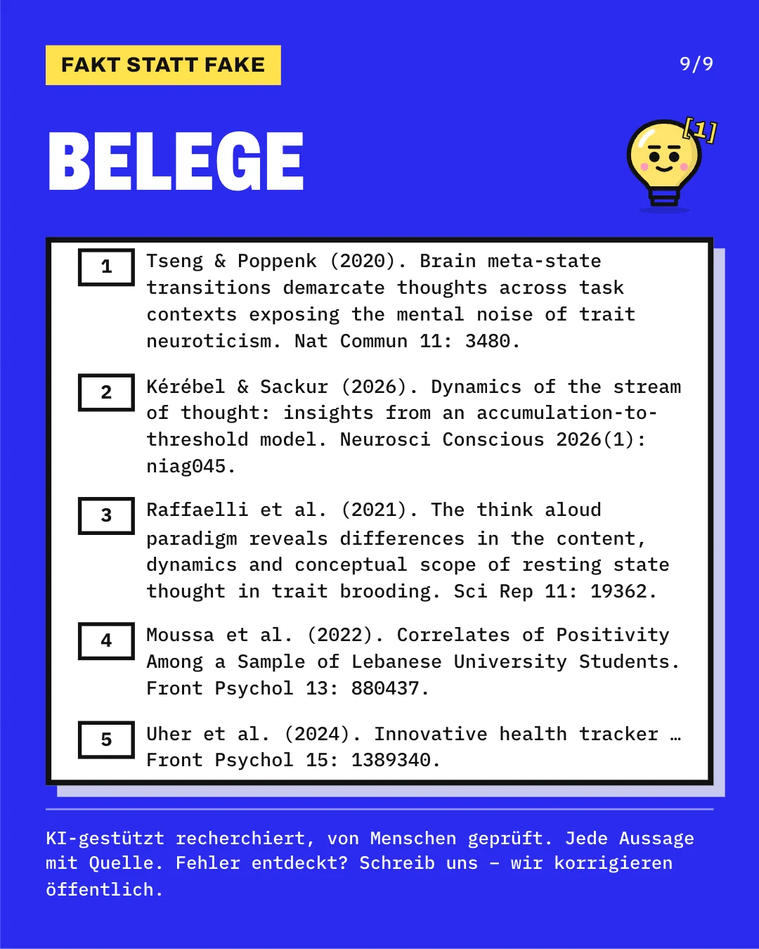 Slide 9: Die Slide listet die 5 Belege mit vollständiger Angabe auf. KI-gestützt recherchiert, von Menschen geprüft. Jede Aussage mit Quelle.
