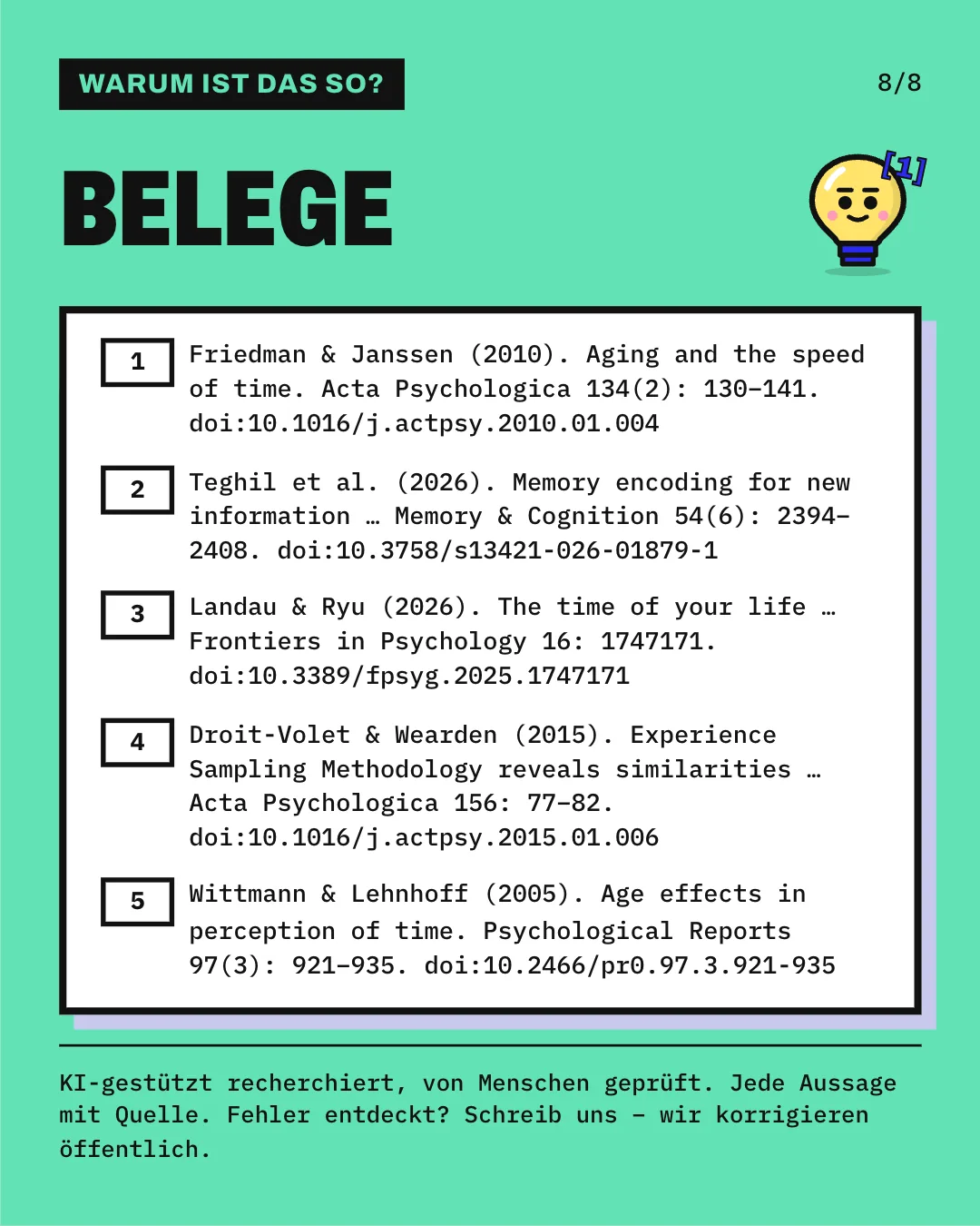 Slide 8: Die Slide listet die 5 Belege mit vollständiger Angabe auf. KI-gestützt recherchiert, von Menschen geprüft. Jede Aussage mit Quelle.