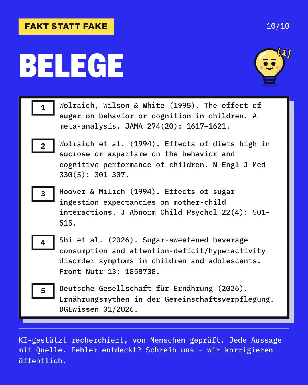 Slide 10: Die Slide listet die 5 Belege mit vollständiger Angabe auf. KI-gestützt recherchiert, von Menschen geprüft. Jede Aussage mit Quelle.